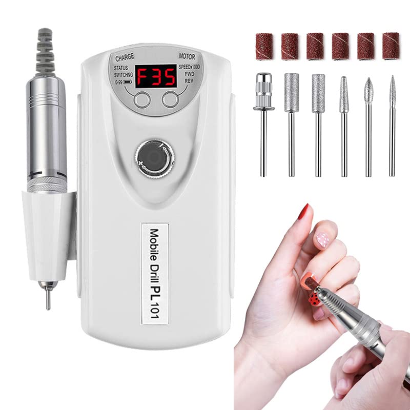 Electric Nail Drill Machine, Professional Rechargeable 35000 rpm Nail Drill, with 6 Bits and Sanding Bands