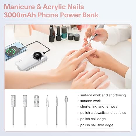 Professional Electric Nail Drill Machine, Portable and Rechargeable 35000RPM With white 6 beat, Nail Drill for Acrylic  extension , Manicure  and Pedicure Polishing Shape Tools for Home and Salon Use