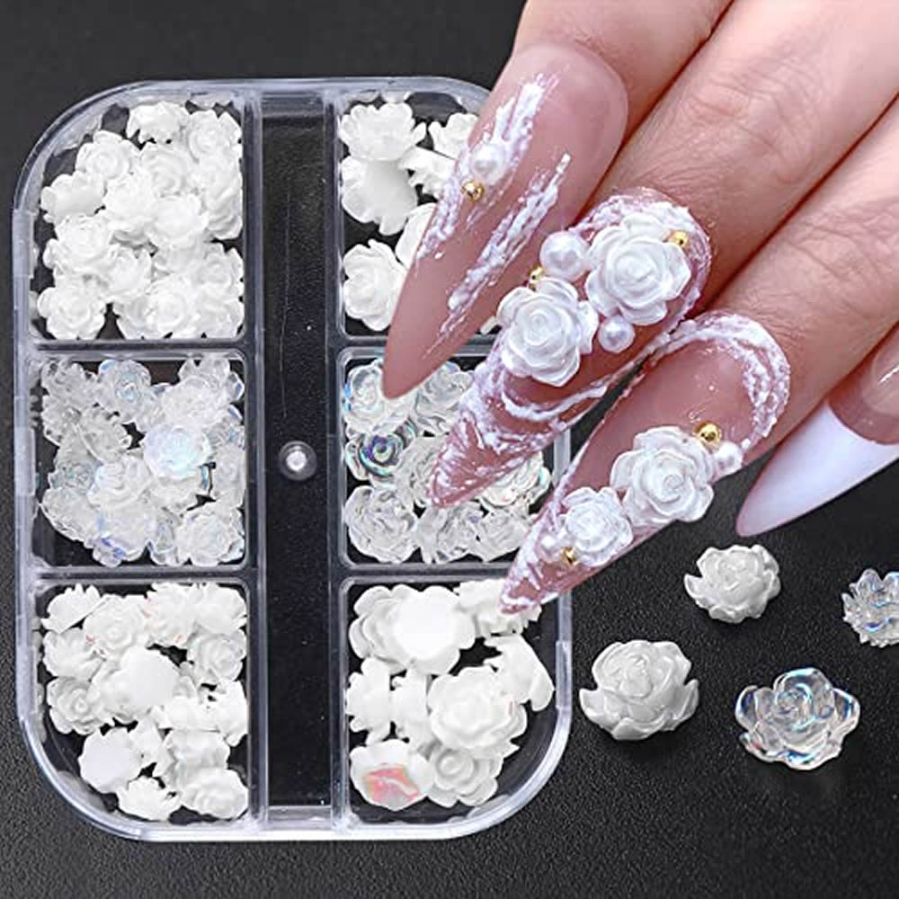 Kulis 60Pcs White 3D Acrylic Flower Nail Charms 3D White Nail Art Design Elegant Nail Charms