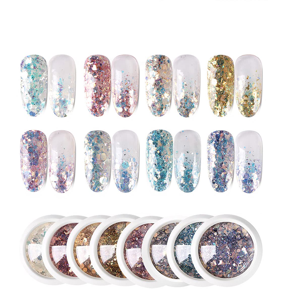 Kulis 8Pcs Nail Glitter Sequins Chrome Powder DIY Nail Decal Manicure for Laser Nail Polish