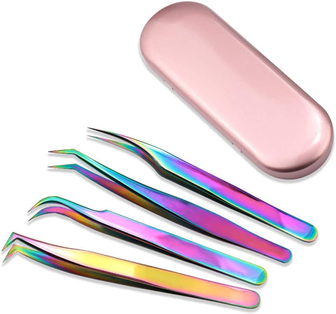 Eyelash Extension Tweezers Set Straight and Curved Tip Professional Makeup Tool (4pcs, Rainbow)