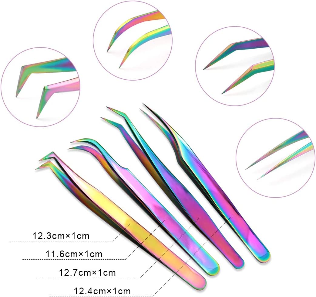 Eyelash Extension Tweezers Set Straight and Curved Tip Professional Makeup Tool (4pcs, Rainbow)