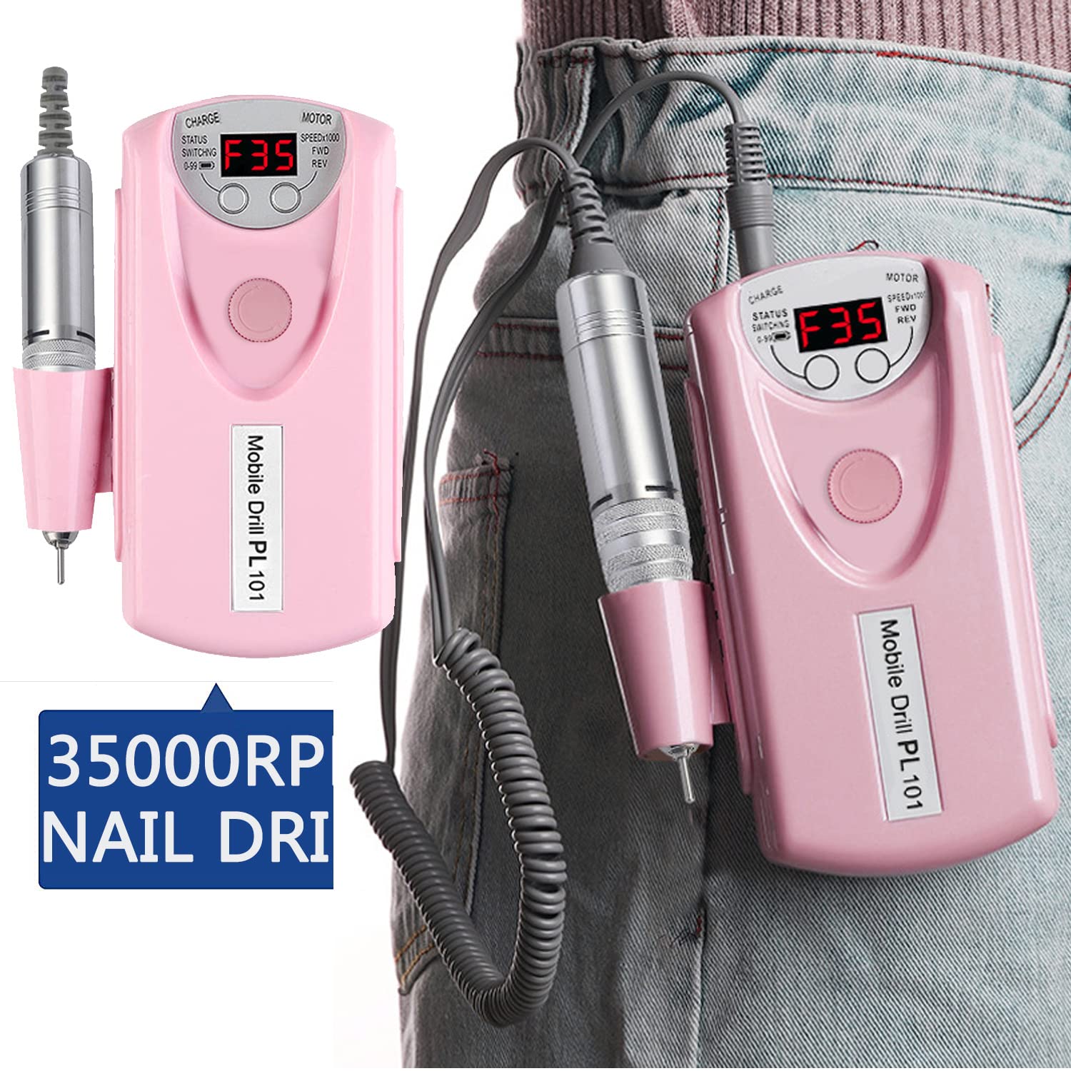 Electric Nail Drill Machine, Professional Rechargeable 35000 rpm Nail Drill, with 6 Bits and Sanding Bands