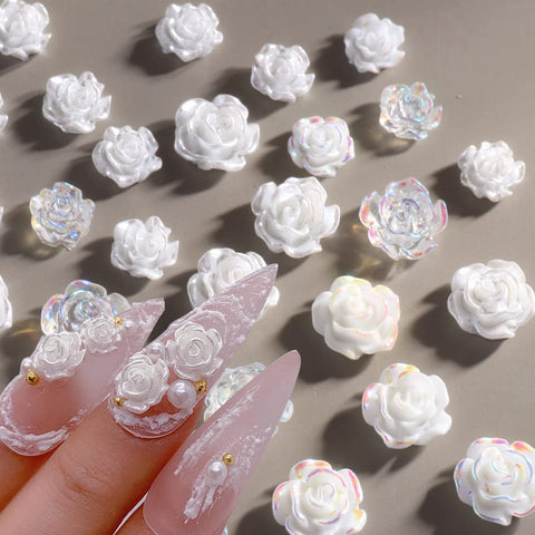 Kulis 60Pcs White 3D Acrylic Flower Nail Charms 3D White Nail Art Design Elegant Nail Charms