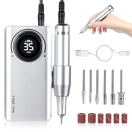 Professional Electric Nail Drill Machine, Portable and Rechargeable 35000RPM With white 6 beat, Nail Drill for Acrylic  extension , Manicure  and Pedicure Polishing Shape Tools for Home and Salon Use