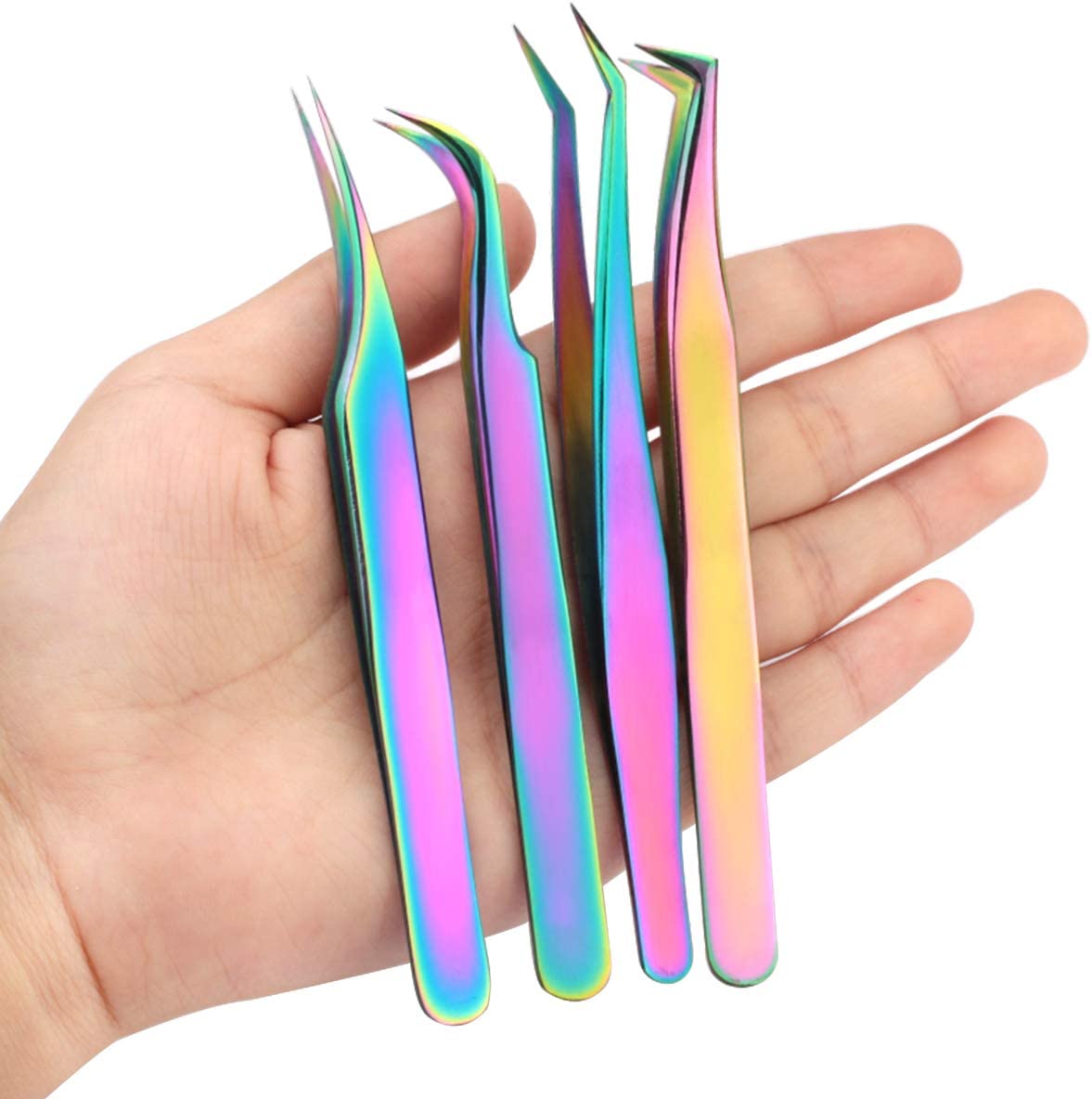 Eyelash Extension Tweezers Set Straight and Curved Tip Professional Makeup Tool (4pcs, Rainbow)