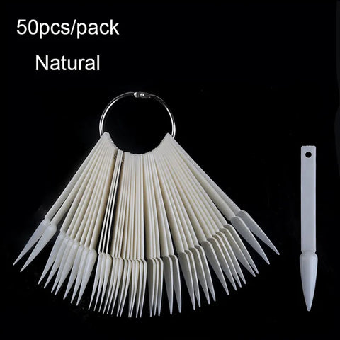 Kulis 50 Pcs Nail Color Swatch Sticks with Ring, Natural Fan Shape Nail Art Polish Display Tips