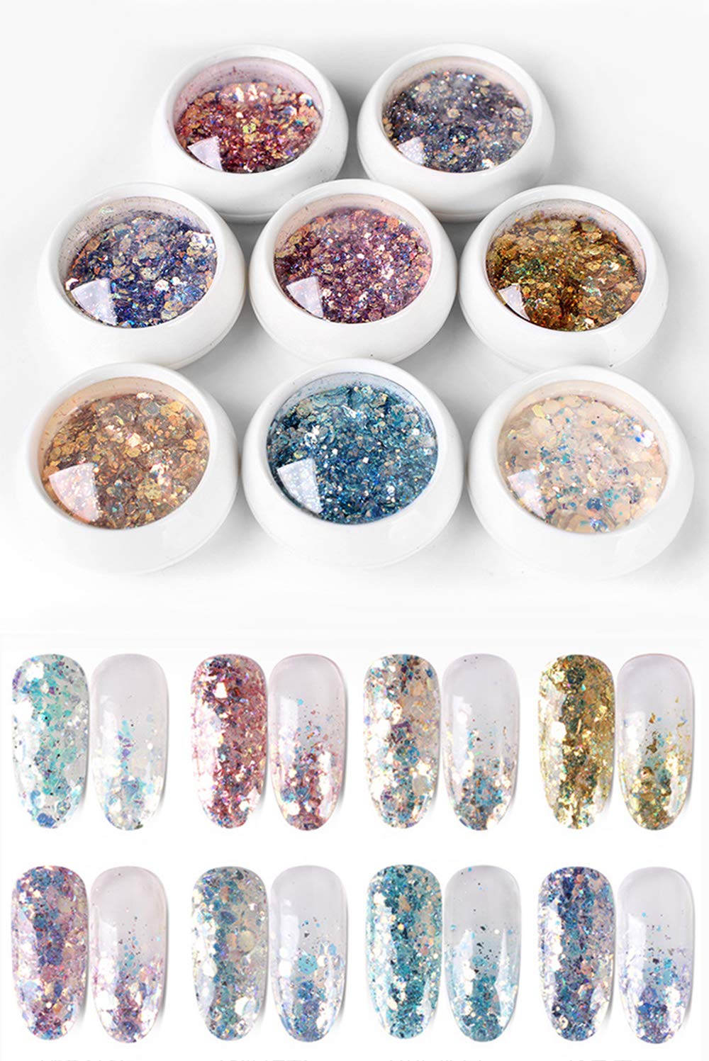 Kulis 8Pcs Nail Glitter Sequins Chrome Powder DIY Nail Decal Manicure for Laser Nail Polish