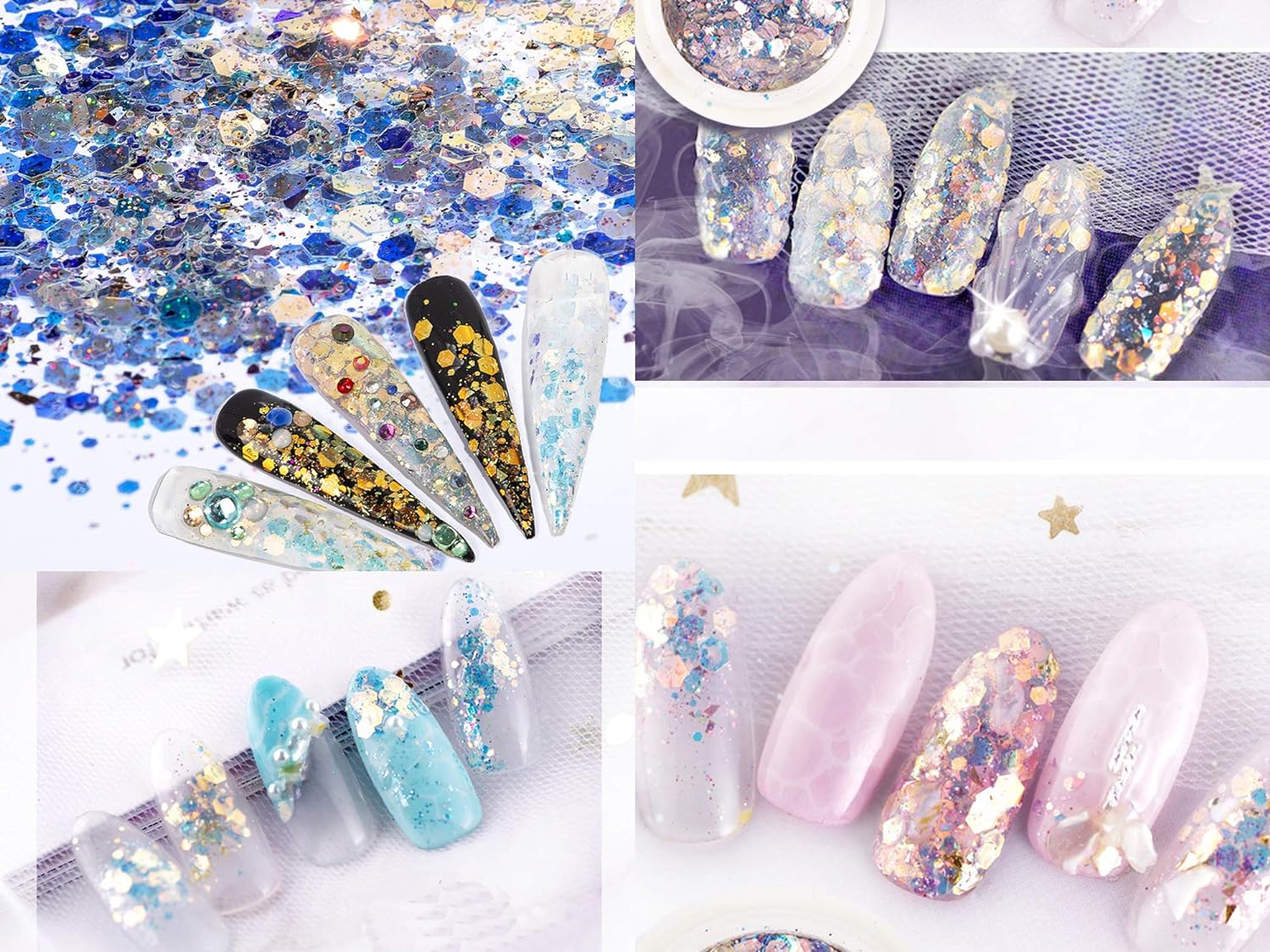 Kulis 8Pcs Nail Glitter Sequins Chrome Powder DIY Nail Decal Manicure for Laser Nail Polish