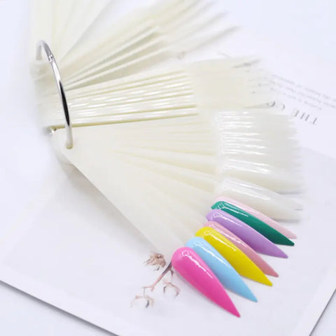 Kulis 50 Pcs Nail Color Swatch Sticks with Ring, Natural Fan Shape Nail Art Polish Display Tips