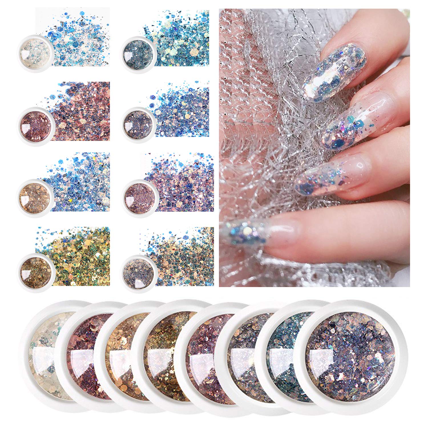 Kulis 8Pcs Nail Glitter Sequins Chrome Powder DIY Nail Decal Manicure for Laser Nail Polish