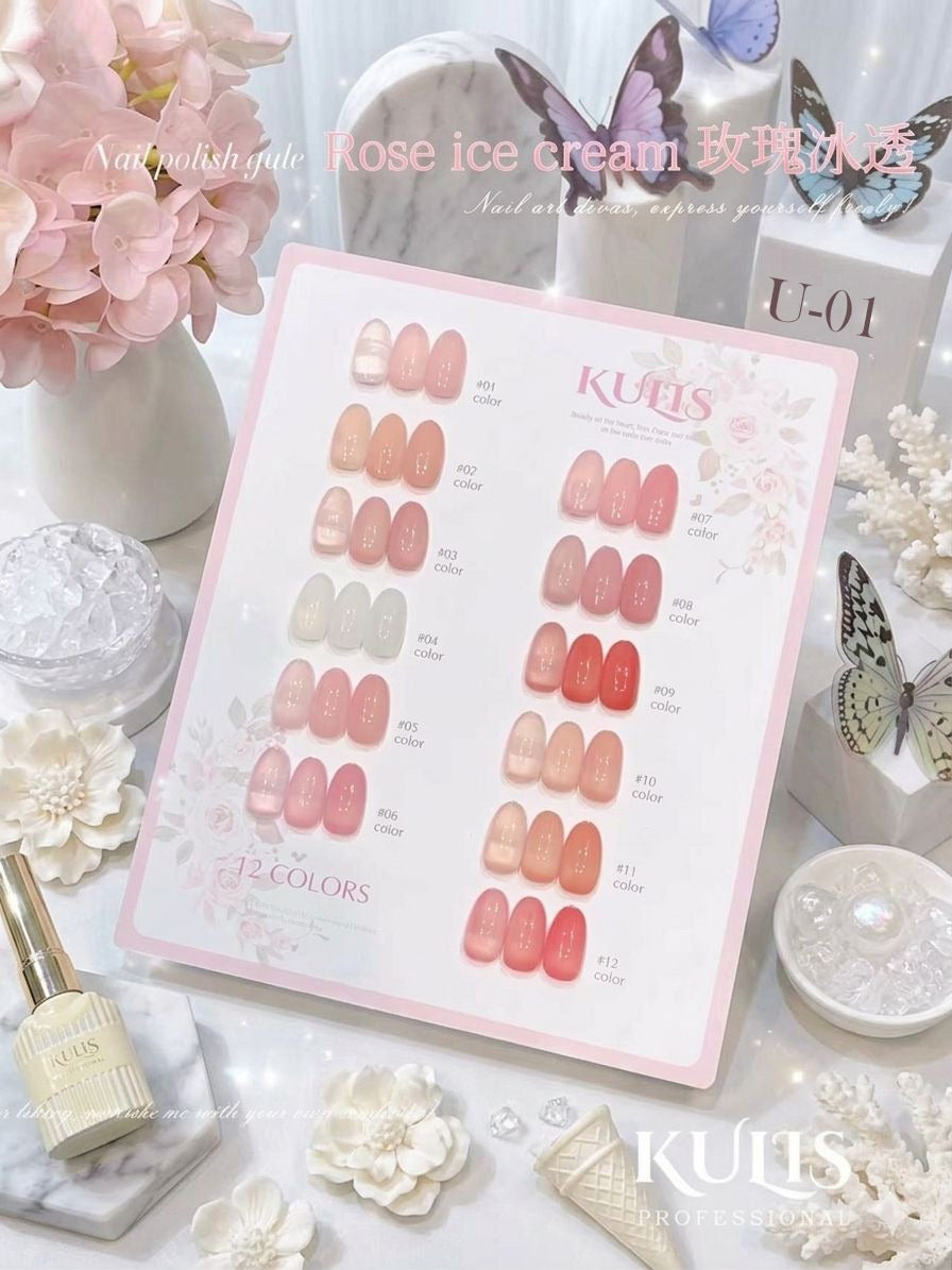 Buy KULIS Professional 12 Pc French Base Color Set with 15ml bottles and shade card. Perfect nude pink shades for French nails, bridal looks, and salon use.