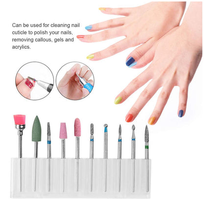 10 Pcs Nail Drill Bits Set, Professional Diamond Carbide Cuticle Remover Bits Kit, Electric Nail Files Manicure Pedicure Drill Tool