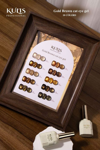 Kulis Gold Brown Cat Eye Gel Polish Set – 10pcs Magnetic UV/LED Nail Gel Polish Kit with Shade Card | 15ml Each