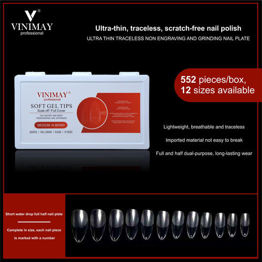 VINIMAY® Professional Soft Gel Tips Soak-Off/Full Cover 552Pcs Clear in 12Sizes