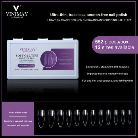 VINIMAY® Professional Soft Gel Tips Soak-Off/Full Cover 552Pcs Clear in 12Sizes