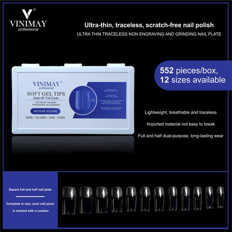 VINIMAY® Professional Soft Gel Tips Soak-Off/Full Cover 552Pcs Clear in 12Sizes