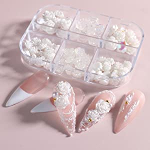 Kulis 60Pcs White 3D Acrylic Flower Nail Charms 3D White Nail Art Design Elegant Nail Charms