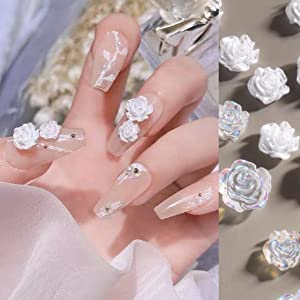 Kulis 60Pcs White 3D Acrylic Flower Nail Charms 3D White Nail Art Design Elegant Nail Charms