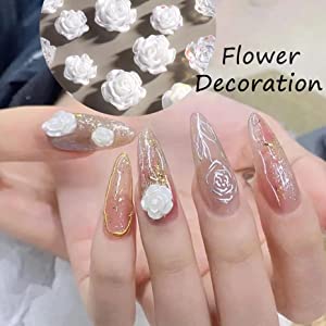 Kulis 60Pcs White 3D Acrylic Flower Nail Charms 3D White Nail Art Design Elegant Nail Charms