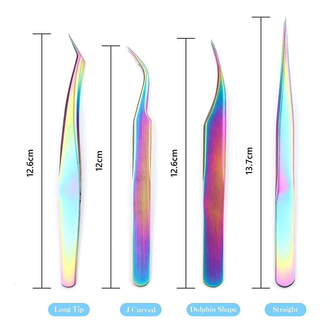 Eyelash Extension Tweezers Set Straight and Curved Tip Professional Makeup Tool (4pcs, Rainbow)