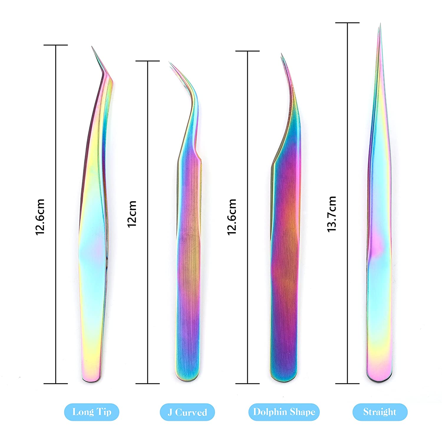 Eyelash Extension Tweezers Set Straight and Curved Tip Professional Makeup Tool (4pcs, Rainbow)