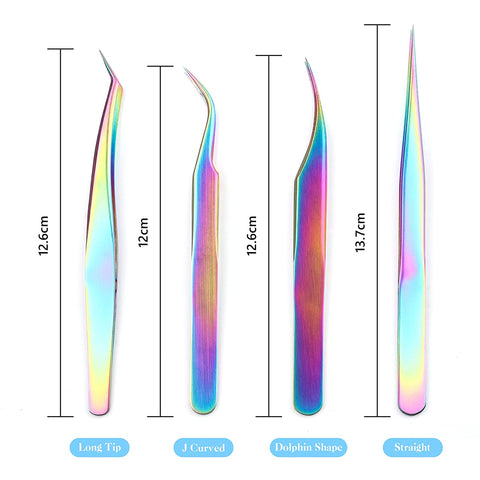 Eyelash Extension Tweezers Set Straight and Curved Tip Professional Makeup Tool (4pcs, Rainbow)